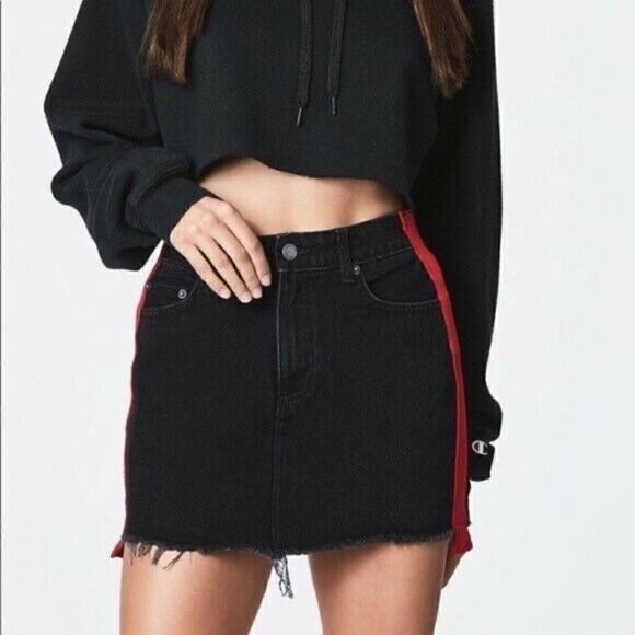 Carmar LF Denim Colin Side Stripe Skirt Black Red Mini Raw Hem Cutoff Size 27 - Picture 2 of 7
